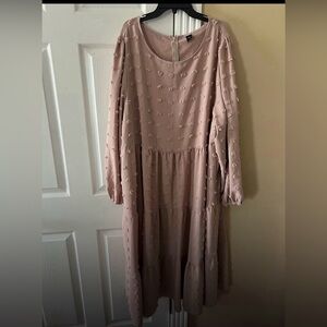 Long Sleeve Dusty Pink Midi Dress with Textured Dots